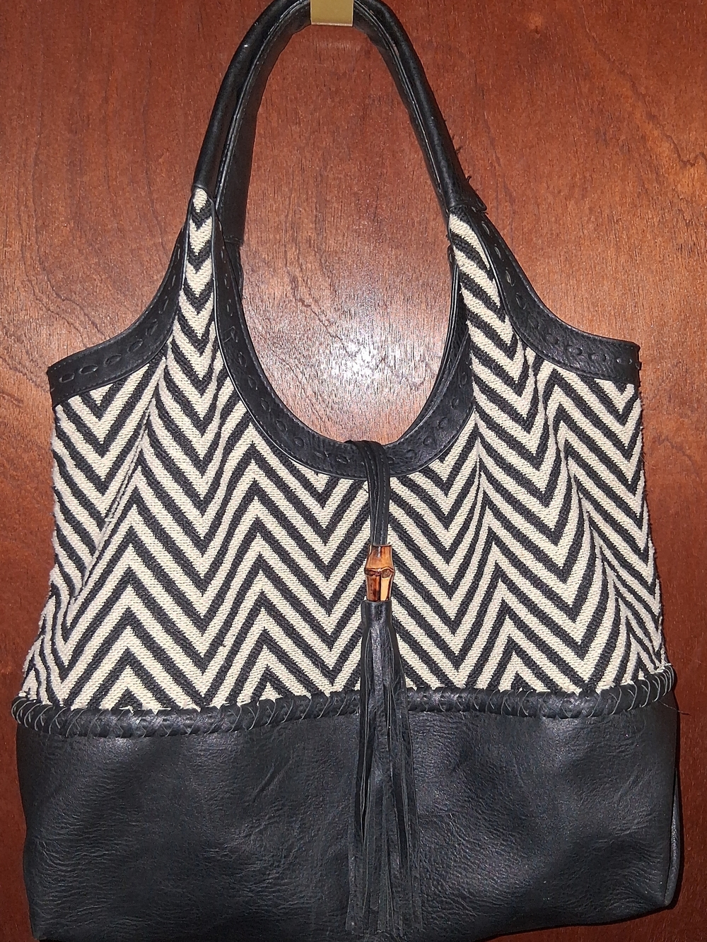 Big Buddha Black & White Zebra Zig Zag Pattern Chevron Tote Bag with Tassel